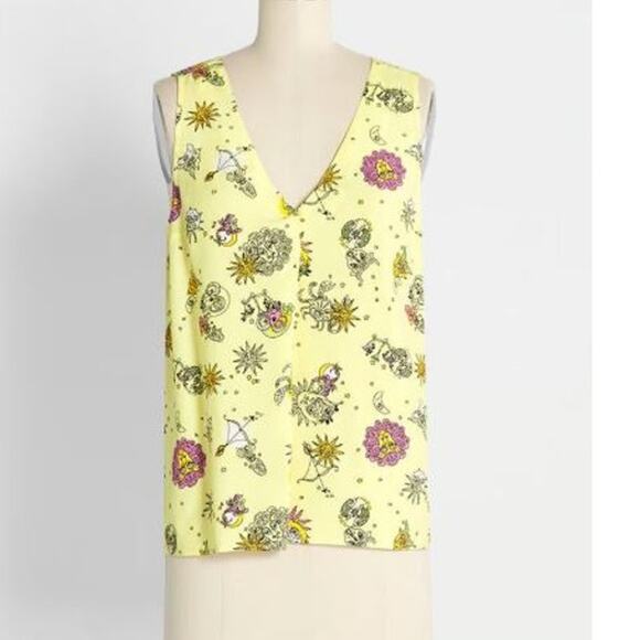 ModCloth Genuine Self Sleeveless Blouse Yellow Astrology Zodiac Women Sz XS NWT - Picture 2 of 8